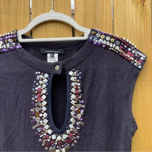 Nanette Lepore Navy Sweater Dress Beaded Mock Neck Key Hole Bohemian Mini Small - Picture 2 of 7